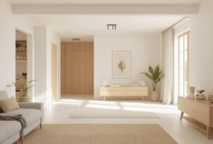 Sala de estar contemporânea organizada, iluminada naturalmente, representando economia doméstica moderna e eficiência no lar.