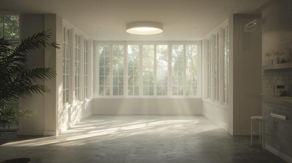 Economia Doméstica Moderna: Como Organizar, Economizar e Ganhar Eficiência em Casa 3 Sala iluminada por luz natural e luminária LED, simbolizando eficiência energética residencial.