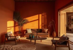 Interior brasileiro de estética quente com paredes em argila, madeira natural, cerâmicas artesanais e fibras, iluminado por luz solar intensa de fim de tarde.