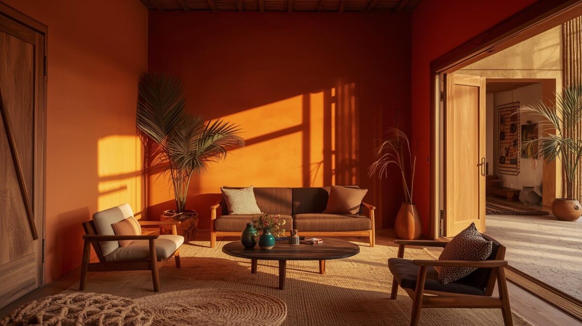 Interior brasileiro de estética quente com paredes em argila, madeira natural, cerâmicas artesanais e fibras, iluminado por luz solar intensa de fim de tarde.