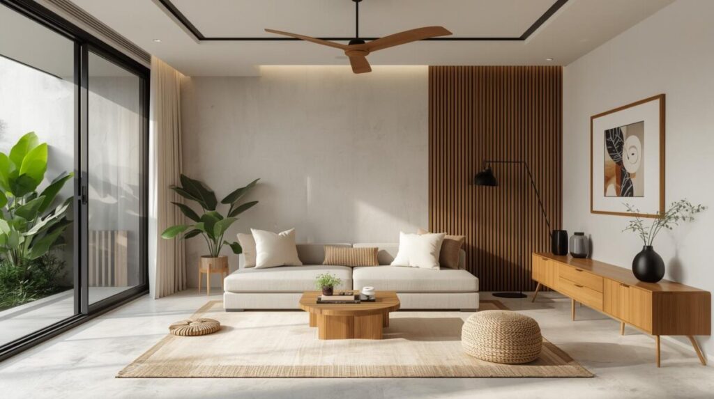 Ambiente brasileiro contemporâneo com estética quente, paredes em terracota, fibras naturais, madeira, cerâmica artesanal e luz tropical intensa criando contraste e sensação de acolhimento