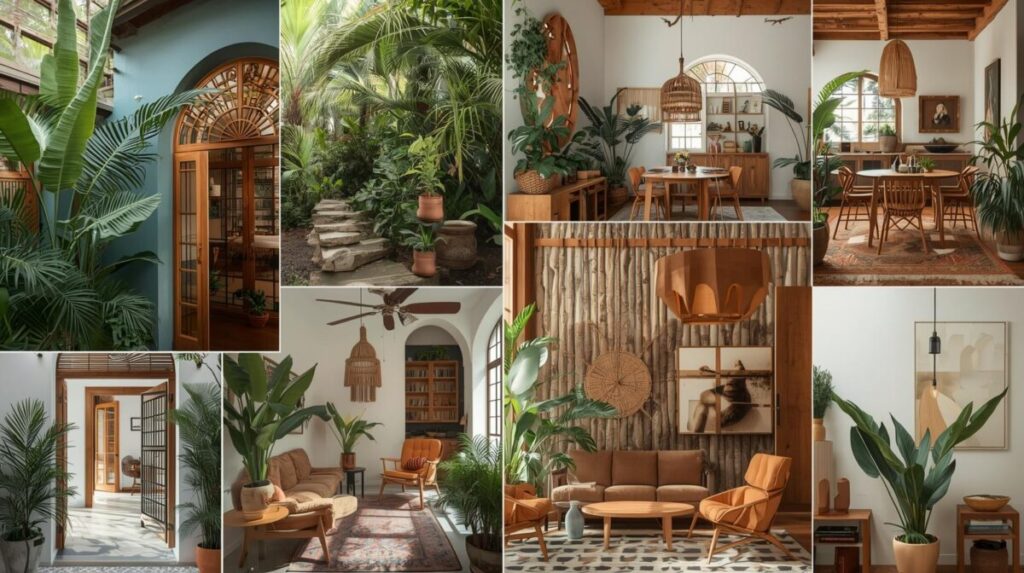 Estética quente brasileira: Interior com materiais naturais e paleta terrosa reinterpretando tendências globais de design para o clima tropical.