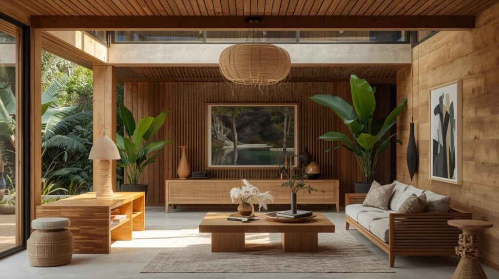 Materiais naturais em ambiente tropical com cerâmica, madeira e fibras naturais integradas ao espaço, criando conforto térmico, visual e sensorial.