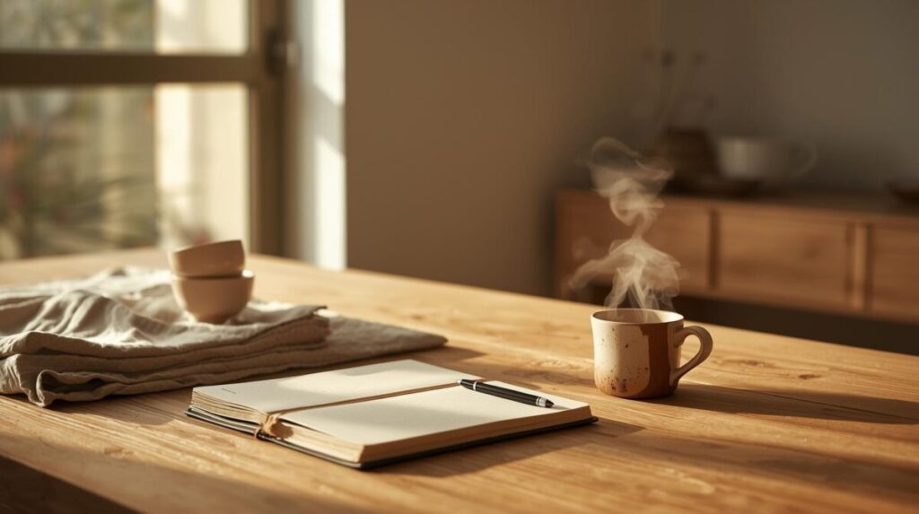 Mesa de ateliê doméstico com caderno, cerâmica e objetos cotidianos representando rituais criativos e repetição consciente.