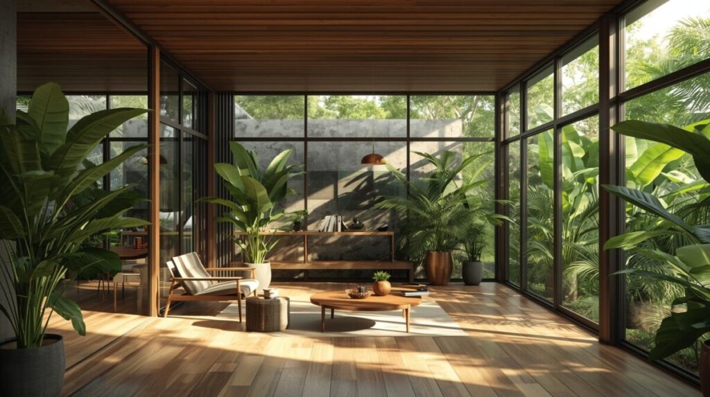 Biofilia Tropical: Plantas, Luz e Frescor no Conforto das Casas Brasileiras 2 Ambiente interno de casa tropical com plantas naturais, aberturas amplas e circulação de ar, exemplificando biofilia tropical, ventilação passiva e conforto ambiental.
