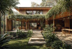 Arquitetura biofílica brasileira com telhado verde, plantas integradas e estética quente tropical