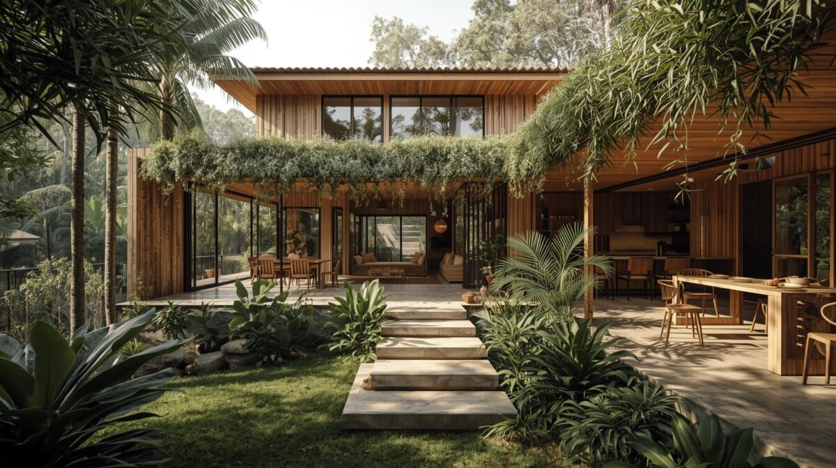 Arquitetura Biofílica Brasileira: Da Estética Quente aos Telhados Verdes 1 Arquitetura biofílica brasileira com telhado verde, plantas integradas e estética quente tropical