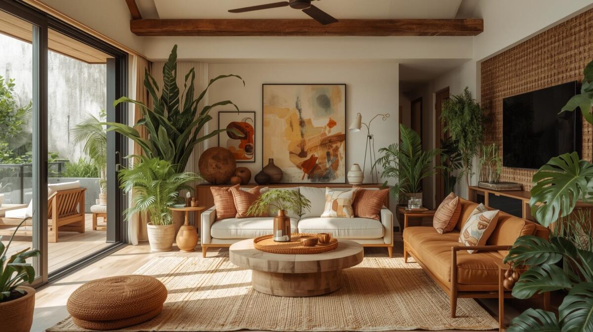 Maximalismo biofílico em espaço tropical com plantas abundantes, artesanato e fibras naturais