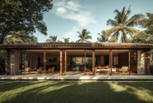 Casa tropical com layout aberto, grandes aberturas e ventilação passiva integrada ao paisagismo, promovendo conforto térmico natural.