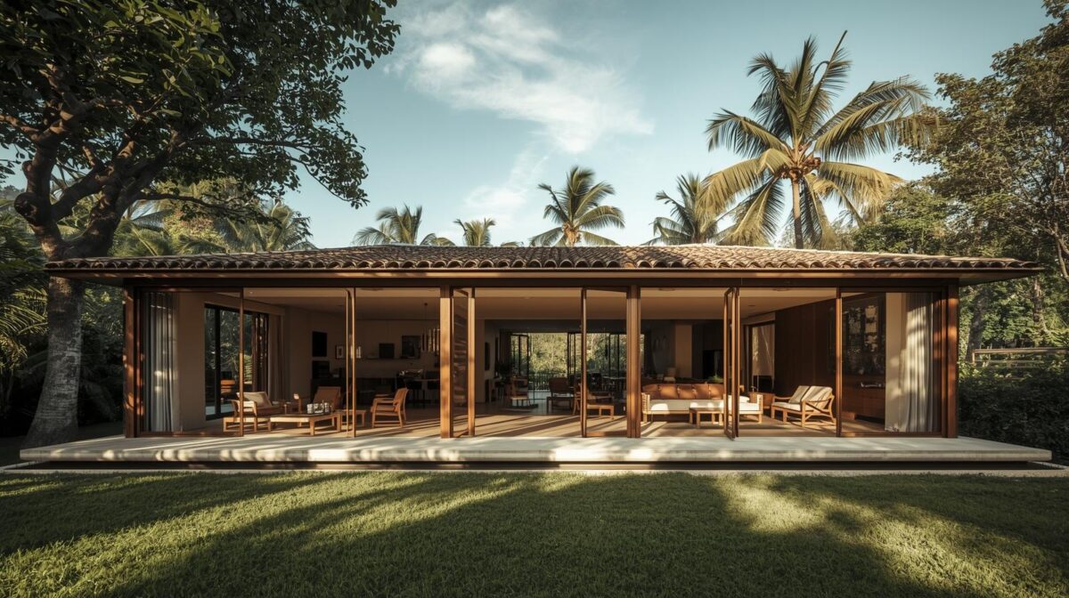 Casa tropical com layout aberto, grandes aberturas e ventilação passiva integrada ao paisagismo, promovendo conforto térmico natural.