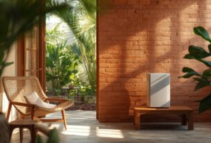 Sala de estar com parede de tijolos terracota, poltrona de palha e tecnologia de purificação de ar, representando a manutenção em climas tropicais.