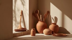 Cerâmica e artesanato baiano em ambiente interior, integrando matéria e clima