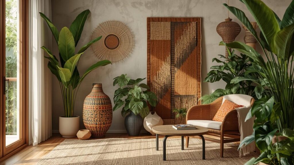 Ambiente residencial com cores quentes, tecidos naturais e texturas táteis, representando a materialidade sensorial da estética quente brasileira.