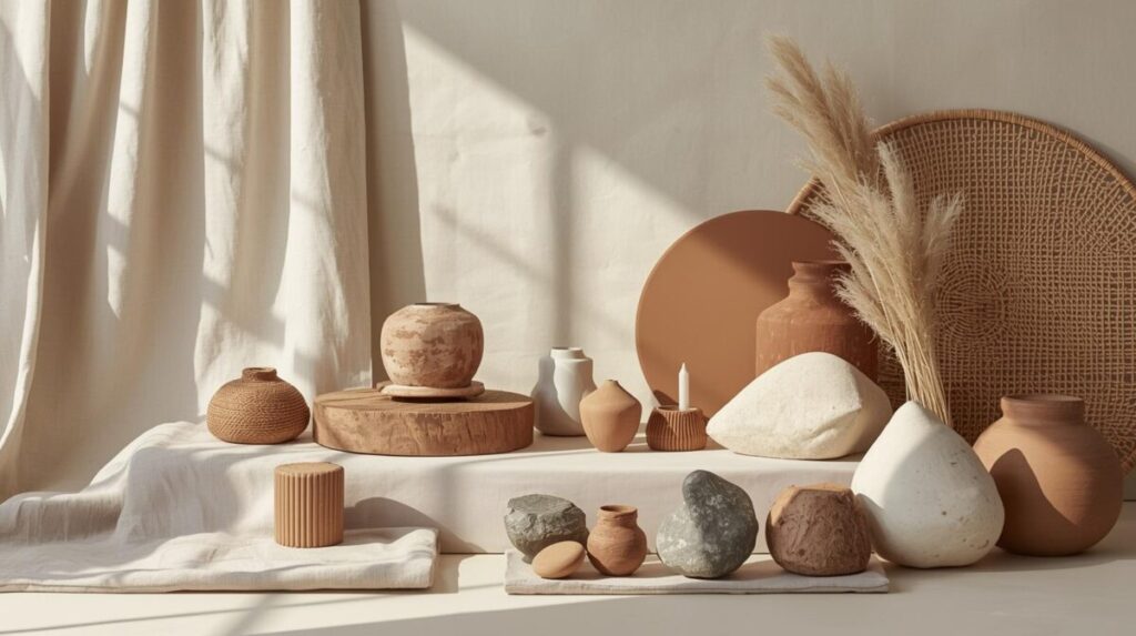 Composição de paleta quente com tecidos naturais, cerâmica artesanal, fibras vegetais e madeira, representando cores e texturas da Estética Quente Brasileira.