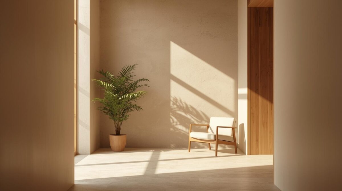 Espaços Terapêuticos: quando o ambiente também cuida 1 Espaço terapêutico com luz natural, madeira e plantas, representando arquitetura sensível e bem-estar