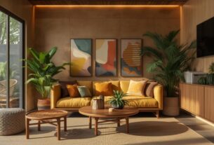 Interior brasileiro de estética quente que combina tendências globais de design com materiais naturais, luz tropical intensa e atmosfera acolhedora.