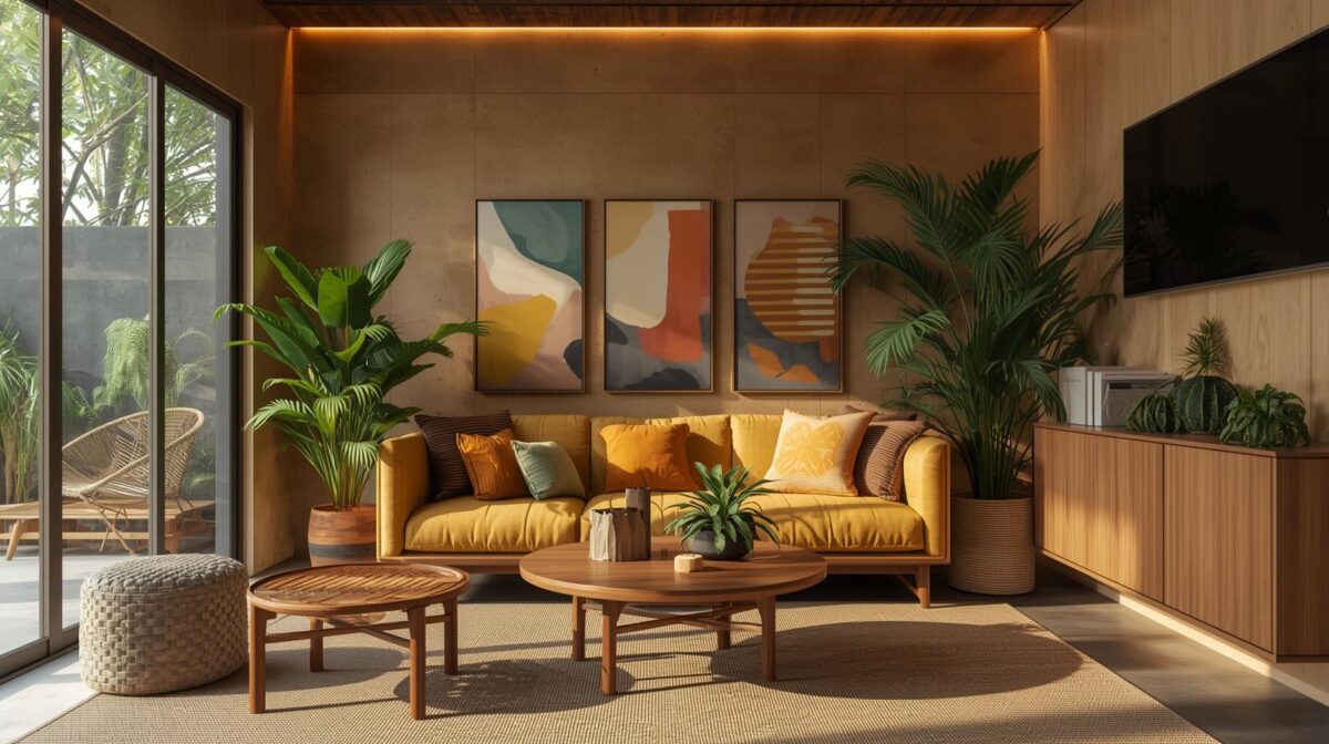 Interior brasileiro de estética quente que combina tendências globais de design com materiais naturais, luz tropical intensa e atmosfera acolhedora.