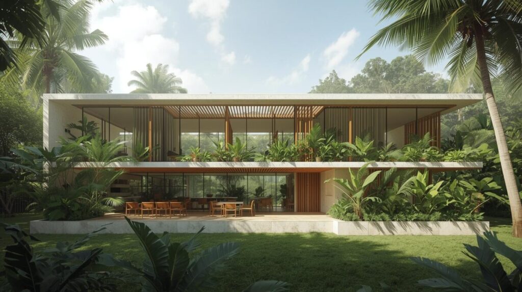 Arquitetura Biofílica Brasileira: Da Estética Quente aos Telhados Verdes 2 Estratégias biofílicas tropicais com ventilação cruzada, brises vegetais e pátios internos