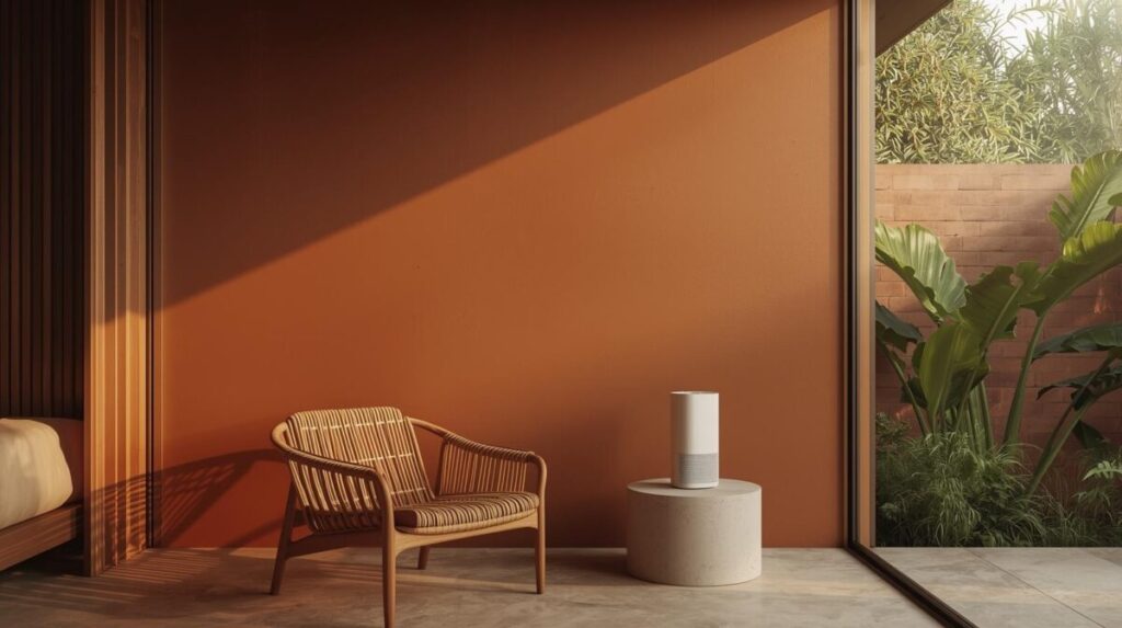 manutenção, conservação e tecnologias para casas em clima úmido e quentes: Interior de sala com estética tropical brasileira: parede de tijolos de barro aparentes, poltrona de palha natural e um desumidificador moderno sobre mesa lateral. Ao fundo, uma porta aberta revela um jardim de bananeiras sob luz solar.