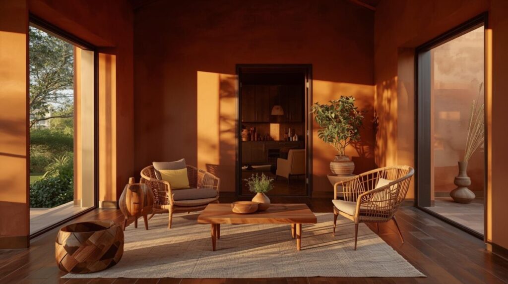 Interior artesanal contemporâneo da estética quente brasileira, com luz tropical intensa, materiais naturais e atmosfera sensorial acolhedora.