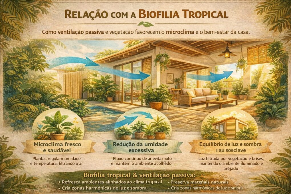 Ventilação Passiva e Layouts para Casas Tropicais: Como o desenho dos espaços influencia conforto térmico, bem-estar e uso cotidiano 4 Infográfico de casa tropical mostrando como ventilação passiva e plantas internas e externas criam microclima fresco, reduzem umidade e equilibram luz e sombra.