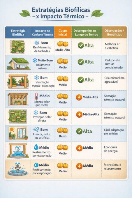 Arquitetura Biofílica Brasileira: Da Estética Quente aos Telhados Verdes 5 Tabela visual comparativa mostrando estratégias biofílicas e seu impacto no conforto térmico, custo inicial, desempenho ao longo do tempo e benefícios. Inclui jardins verticais, telhados verdes, pátios internos, madeira exposta, fachadas verdes modulares, iluminação natural e elementos aquáticos. biofilia, conforto térmico, arquitetura sustentável