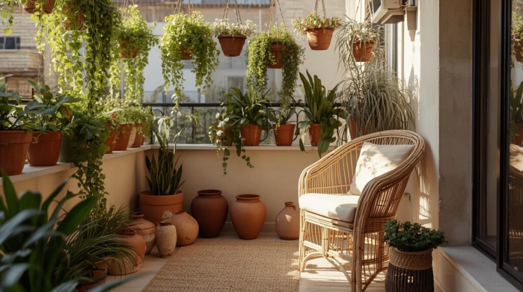 Varanda pequena de apartamento: aconchego da biofilia tropical com soluções simples.