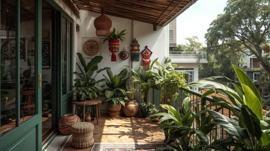 Varanda tropical brasileira com plantas, artesanato regional, sombra natural, integração interior e exterior, atmosfera urbana e afetiva.