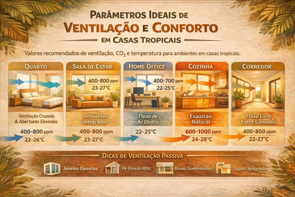 Ventilação Passiva e Layouts para Casas Tropicais: Como o desenho dos espaços influencia conforto térmico, bem-estar e uso cotidiano 3 Tabela ilustrativa mostrando parâmetros ideais de ventilação passiva e layouts, CO₂ e temperatura para diferentes ambientes de uma casa tropical.