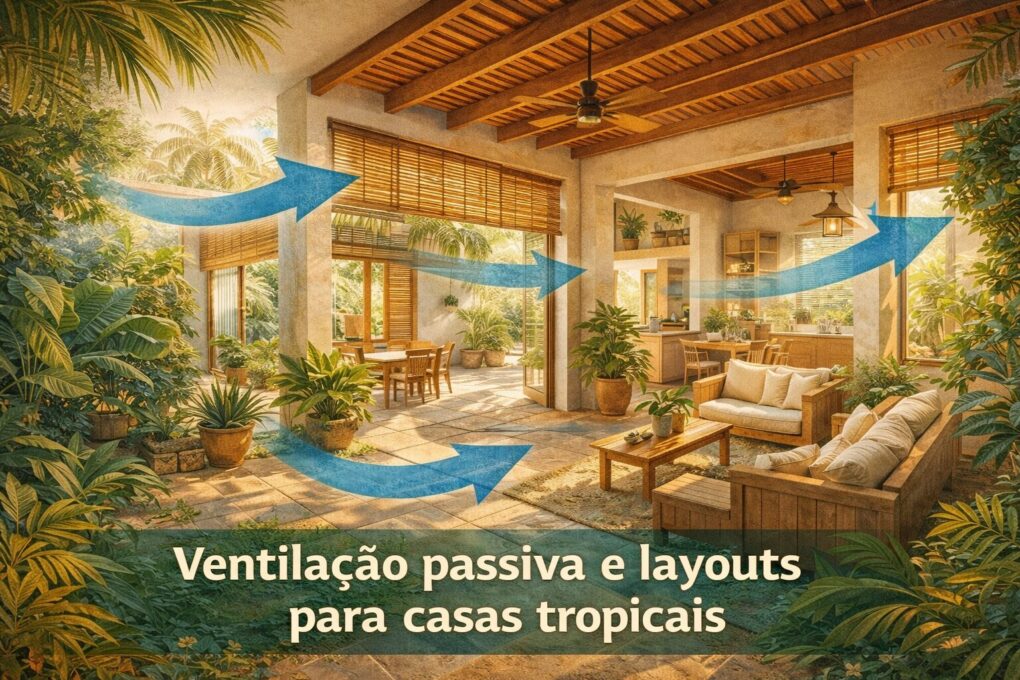 Ventilação Passiva e Layouts para Casas Tropicais: Como o desenho dos espaços influencia conforto térmico, bem-estar e uso cotidiano 2 Diagrama de circulação de ar mostrando ventilação cruzada em uma casa tropical com aberturas opostas.