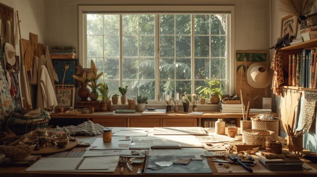 Ateliê doméstico preparado para o processo criativo com luz natural e materiais organizados