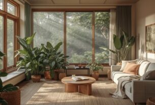 Sala de estar acolhedora com luz natural, plantas, materiais naturais e paleta terrosa em verde-sálvia e terracota