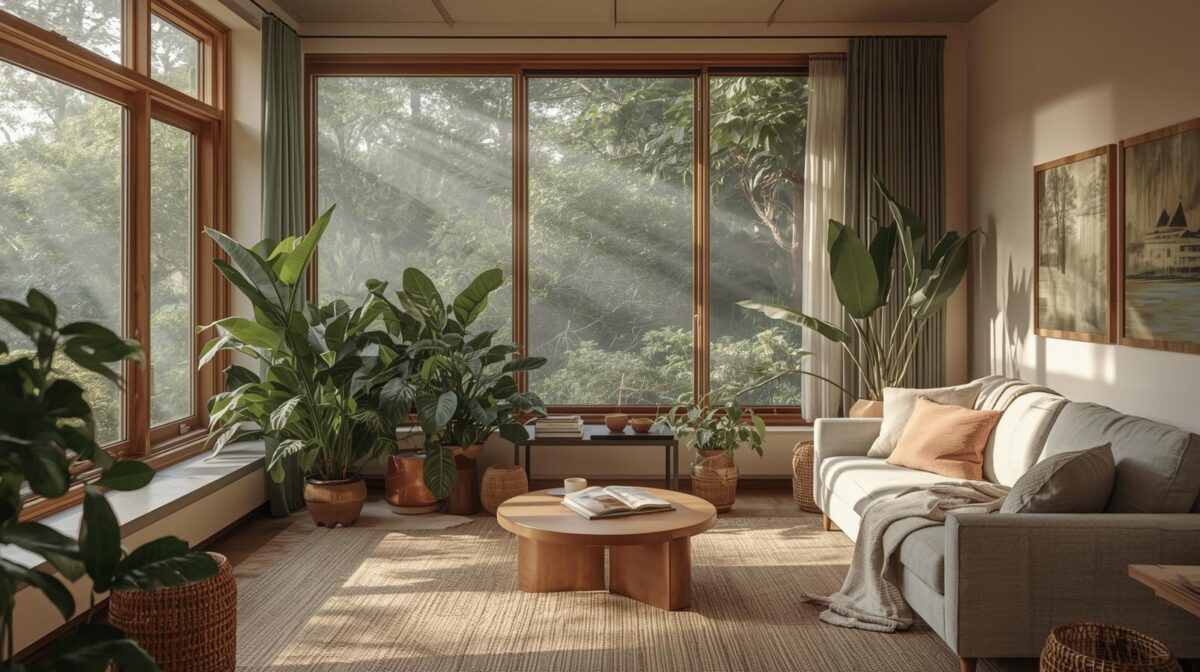 Sala de estar acolhedora com luz natural, plantas, materiais naturais e paleta terrosa em verde-sálvia e terracota