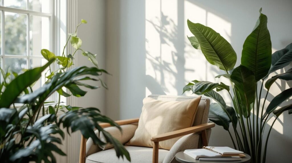 Decoração para bem-estar: cantinho de leitura com poltrona de linho, plantas de folhas grandes e luz natural entrando pela janela. 