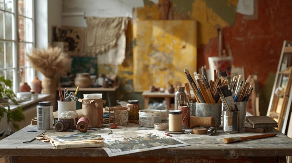 Como decorar espaços funcionais para o bem-estar: ateliê doméstico criativo com bancada, materiais à vista, tintas e papéis dispostos com organização intencional e parede colorida ao fundo