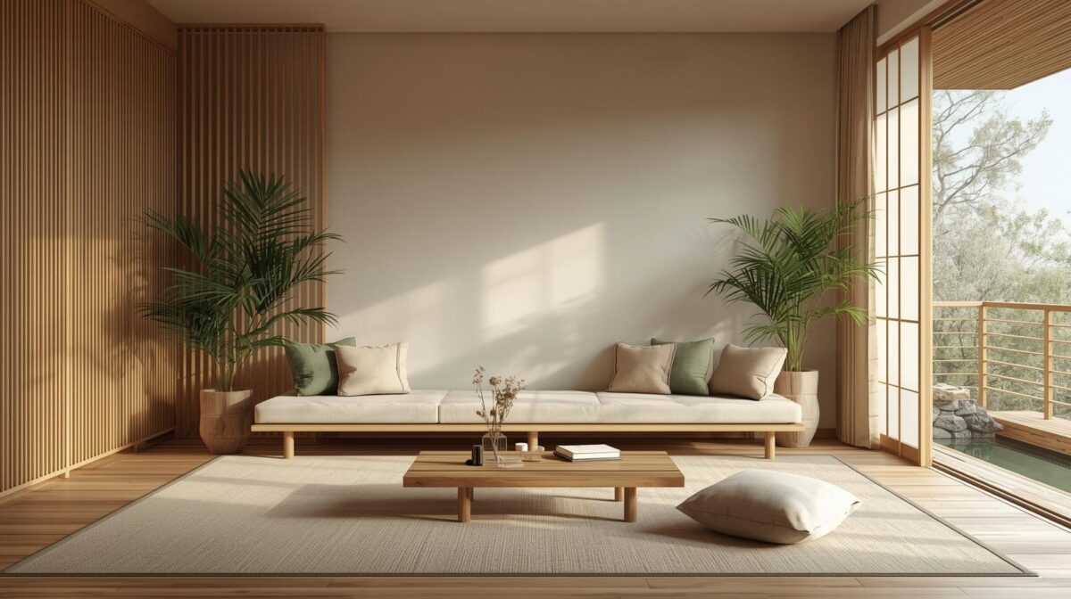 estilo japandi na decoração de sala com madeira, tons neutros e linhas simples