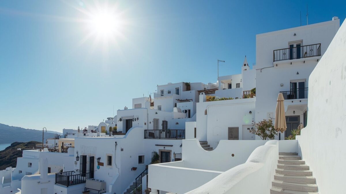 Arquitetura grega mediterrânea com casas brancas, luz intensa e vida ao ar livre
