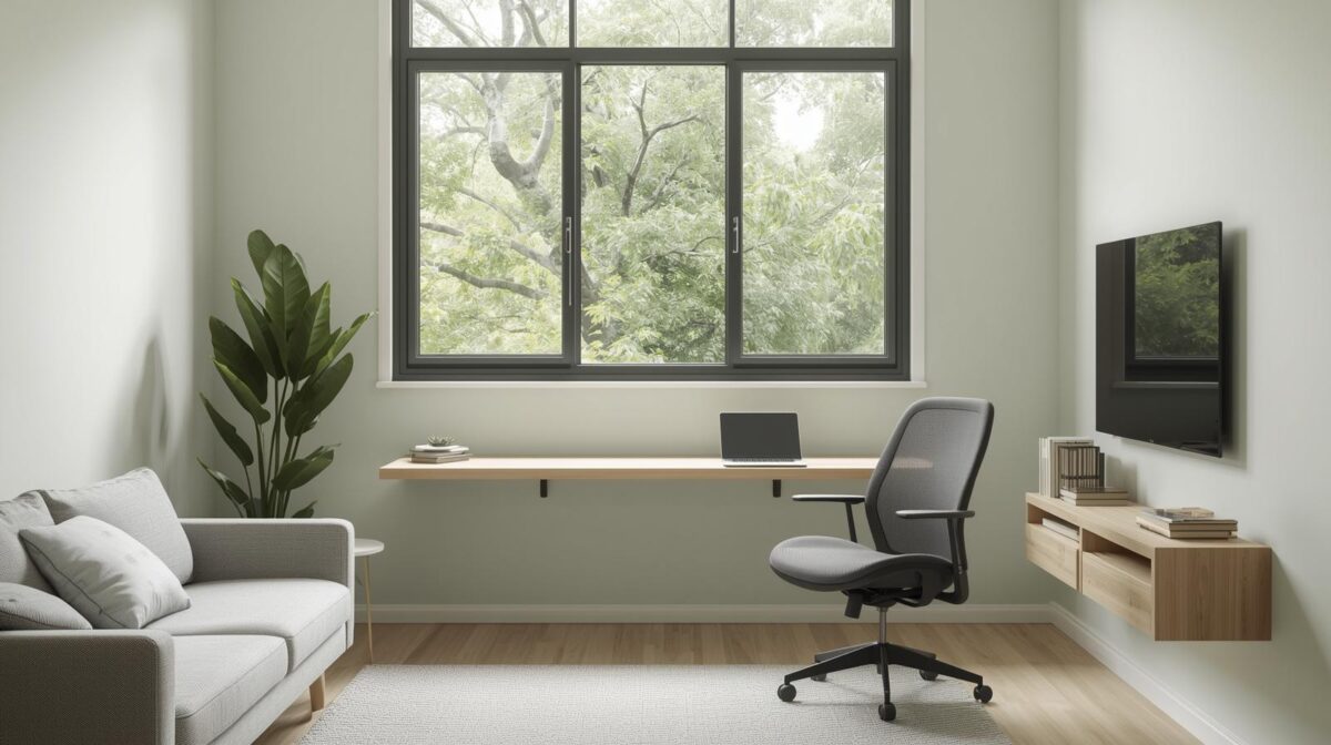 home office sustentável em apartamento pequeno com mesa flutuante sob janela e plantas