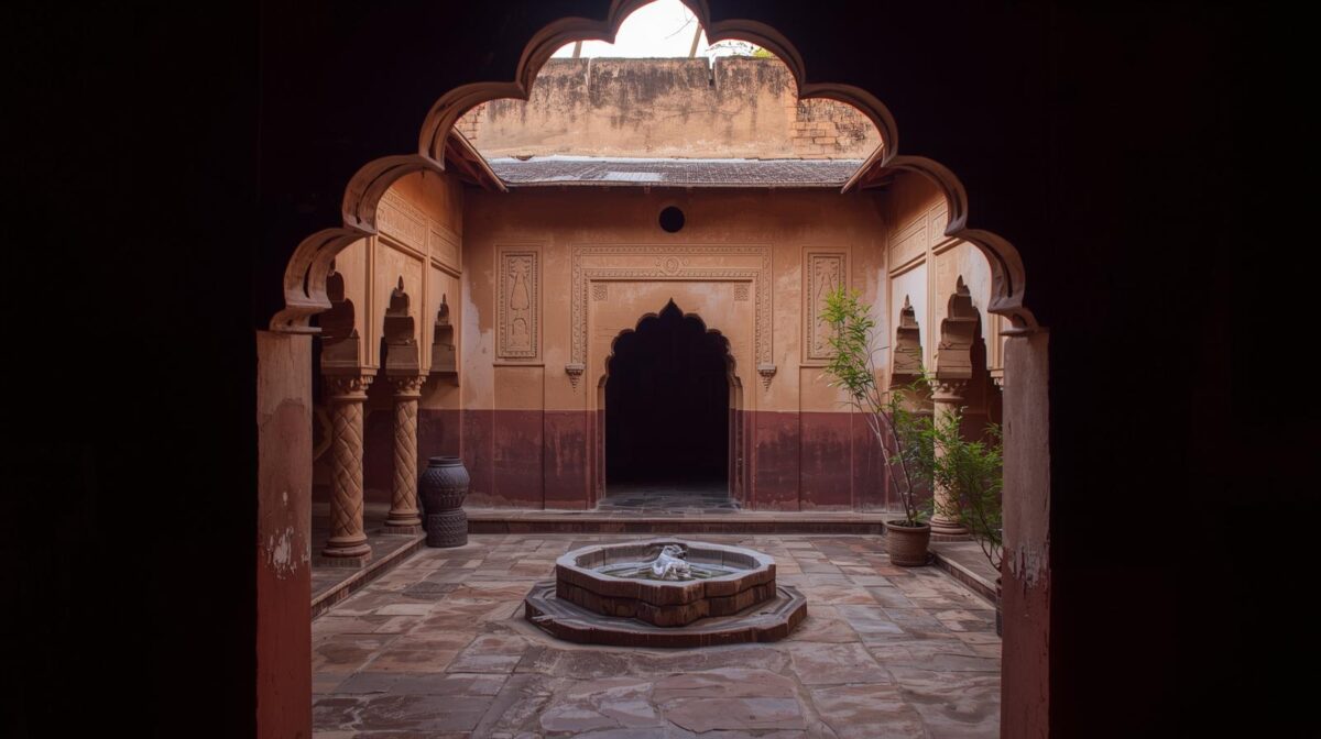 Arquitetura tradicional indiana com cores, pátio interno e luz natural