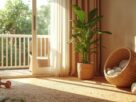 Sala acolhedora com planta grande, tapete de fibra natural, brinquedo de madeira e caminha de pet em rattan com luz natural