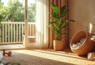 Sala acolhedora com planta grande, tapete de fibra natural, brinquedo de madeira e caminha de pet em rattan com luz natural