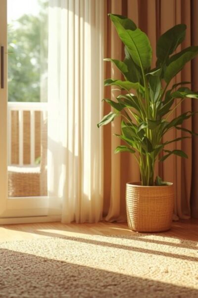 Sala acolhedora com planta grande, tapete de fibra natural, brinquedo de madeira e caminha de pet em rattan com luz natural