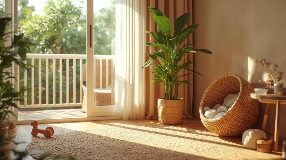 Sala acolhedora com planta grande, tapete de fibra natural, brinquedo de madeira e caminha de pet em rattan com luz natural