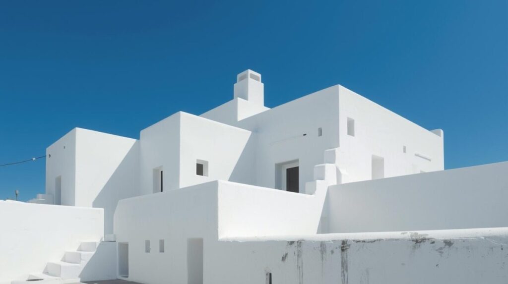 Arquitetura grega com volumes simples, paredes brancas e luz natural intensa