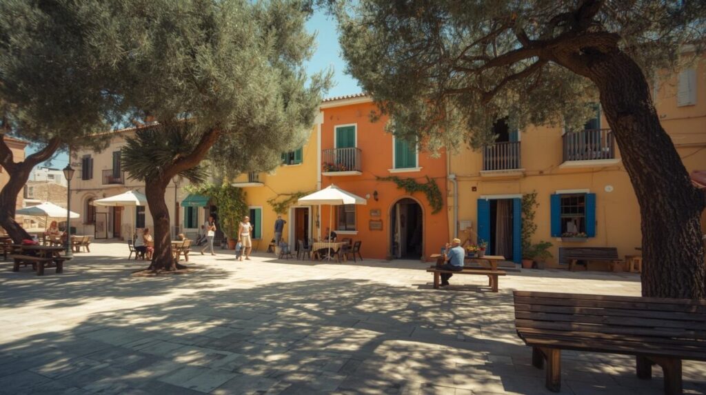 Espanha, Grécia e o habitar: Praça mediterrânea com casas ao redor e espaços de convivência entre o privado e o coletivo