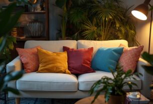 sala de estar confortável e organizada com almofadas, plantas e iluminação