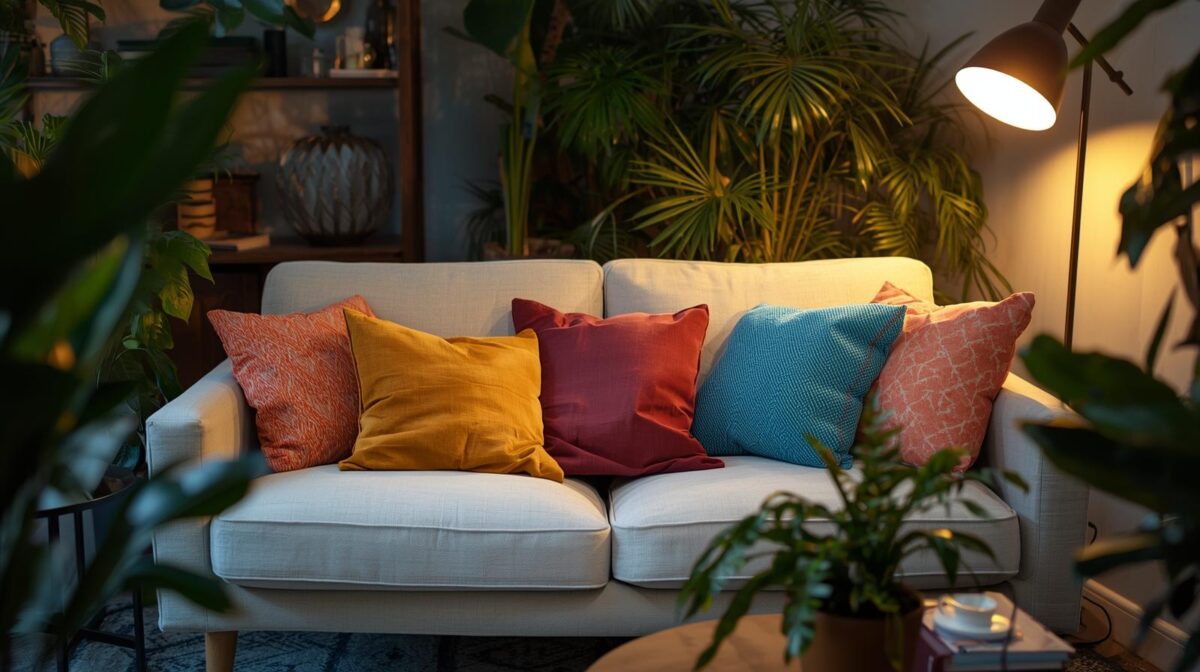 sala de estar confortável e organizada com almofadas, plantas e iluminação