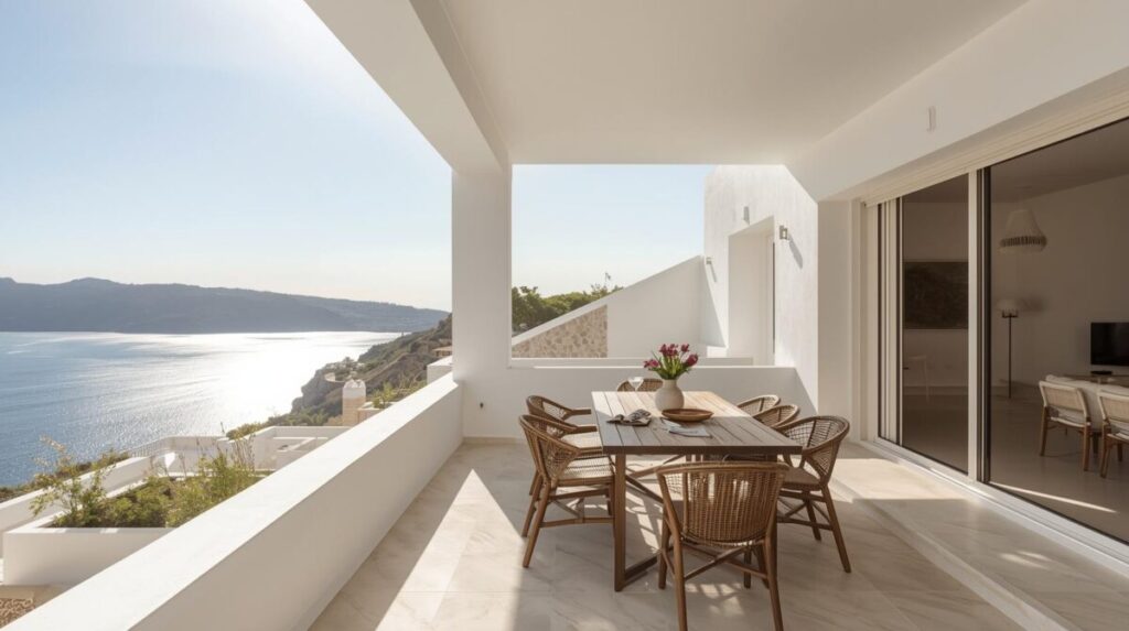 Varanda grega integrada ao interior com vista para a paisagem mediterrânea 