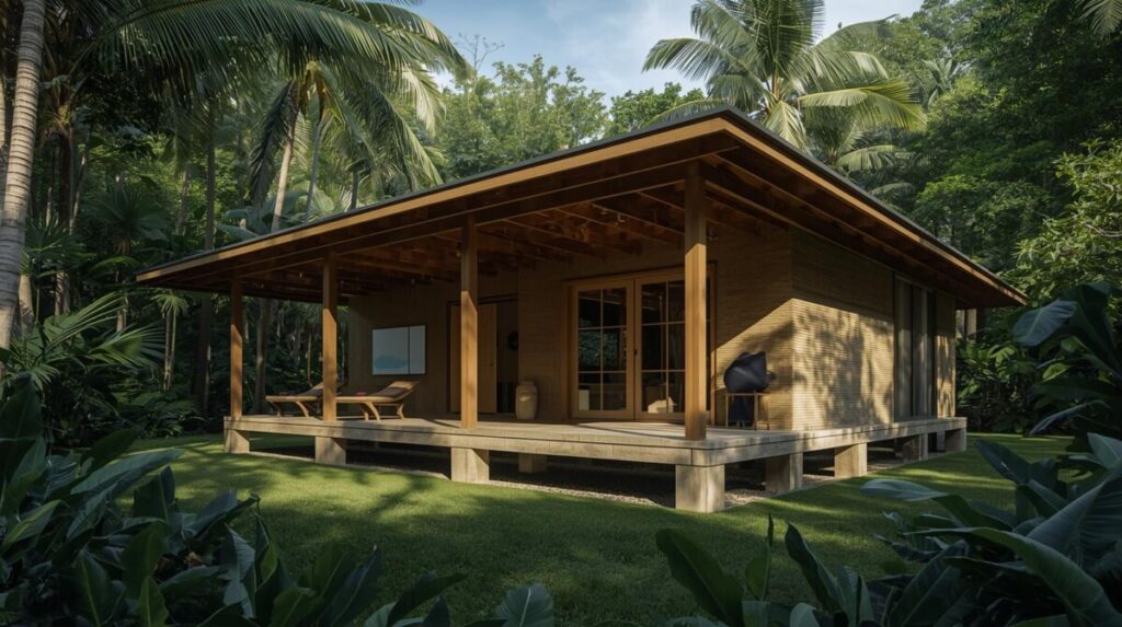 Estrutura tropical com beirais largos e ventilação cruzada em Bali e Sudeste Asiático