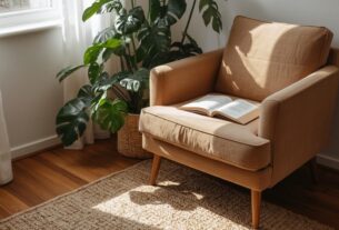 Sala acolhedora com luz natural suave, poltrona confortável, plantas e texturas naturais demonstrando decoração sensorial